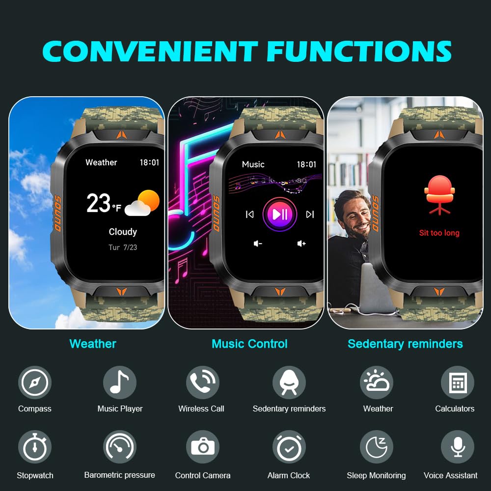 Qtllbt Military Outdoor Watch Altimeter Barometer Compass Tactical Smart Fitness Watch Heart Rate Sleep Monitor 100+ Sport Modes